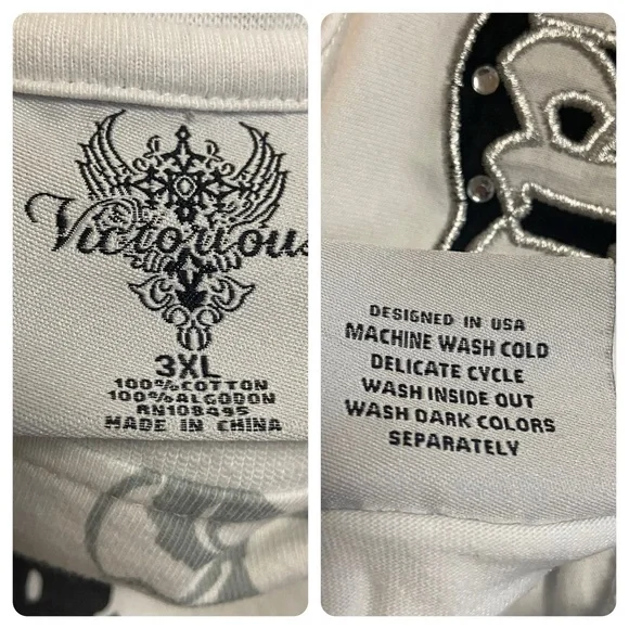 Victorious Urban Couture Graphic T Shirt Vtg Baggy White Rhinestone Goth Y2K - Picture 15 of 16